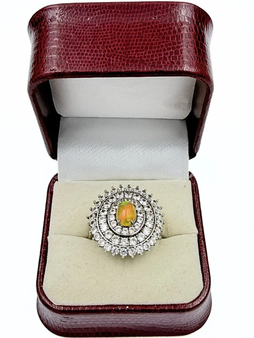 Contemporary Marked Sterling Silver 3 Halo Lab Opal Topaz Cocktail Ring Sz 10.75